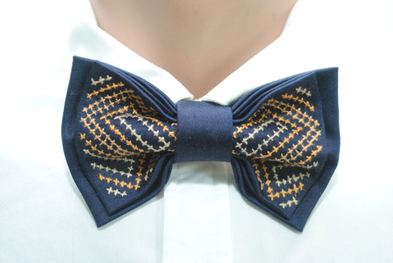 Wedding - Father's day gift Embroidered men's bow tie Navy blue Brown postel pre tied neck tie Wedding's bow tie Groomsman bow tie Cross-stitch Boho