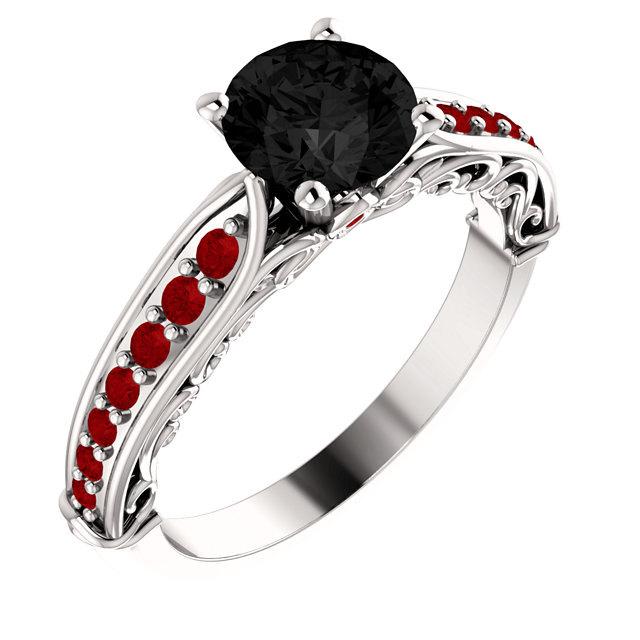 Wedding - Black Diamond and Ruby Engagement Ring - 14k