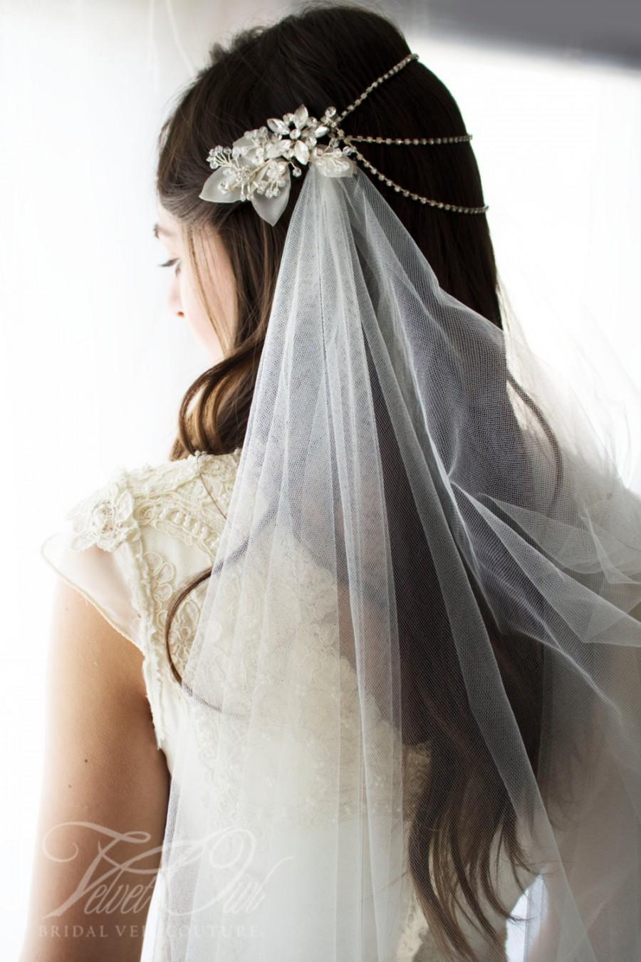 Hochzeit - Bridal draped veil in Ivory extra fine tulle Jeweled headdress silver rhinestone swags - IGNACIA