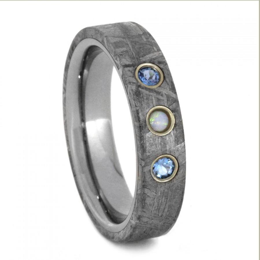 زفاف - Aquamarine Wedding Ring, Opal Wedding Ring, Custom Fit Meteorite Ring