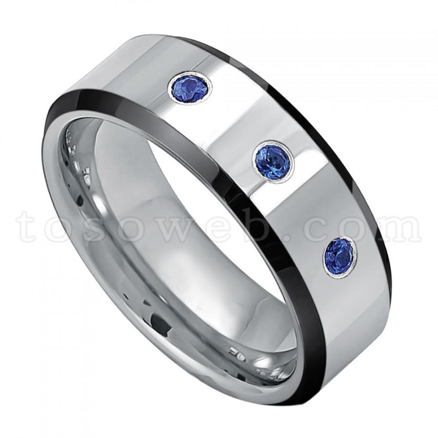 Wedding - Men's 0.21ct Blue Sapphire Gemstone 3-Stone Wedding Band, September Birthstone Ring, Black IP Edge High Polish Tungsten Carbide Ring TS2182