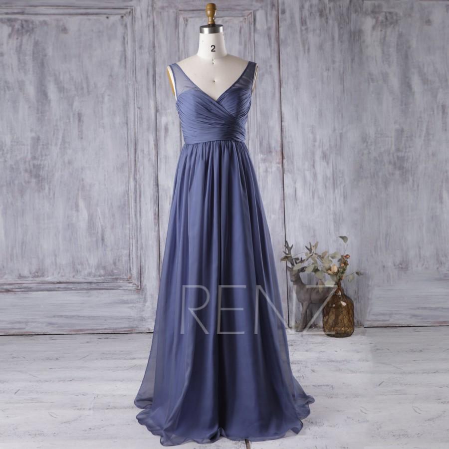 Wedding - 2016 Steel Blue Bridesmaid Dress, V Neck Chiffon Wedding Dress, Long A Line Prom Dress, Women Formal Dress, Evening Gown Floor Length (J027)