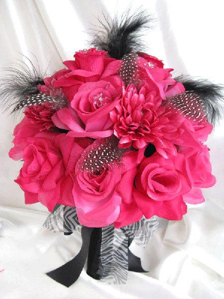 زفاف - Wedding bouquet Bridal Silk flowers Hot Pink FUCHSIA BLACK Feathers 17 pc package decoration Centerpiece arrangements "RosesandDreams"