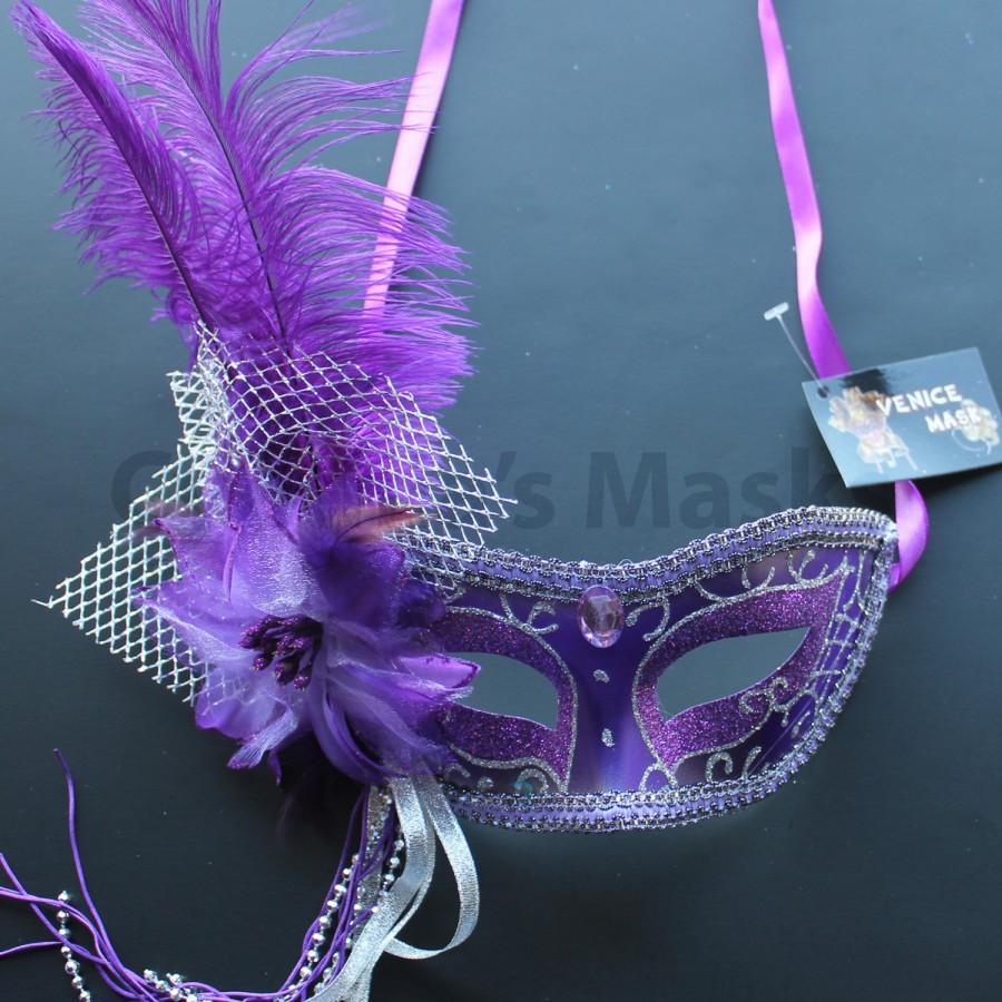 زفاف - Purple w/ Silver Decor pvc Venetian Ostrich Feather Mask for wedding dancing Masquerade 4B7B SKU: 6F52