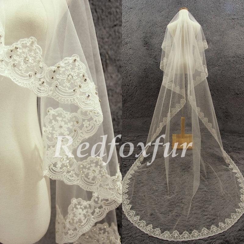 Свадьба - Rhinestone Edge Cathedral Veil Ivory Bridal Veil 1 tier Alencon lace veil Lace edge veil High quality veil Wedding dress veil No comb