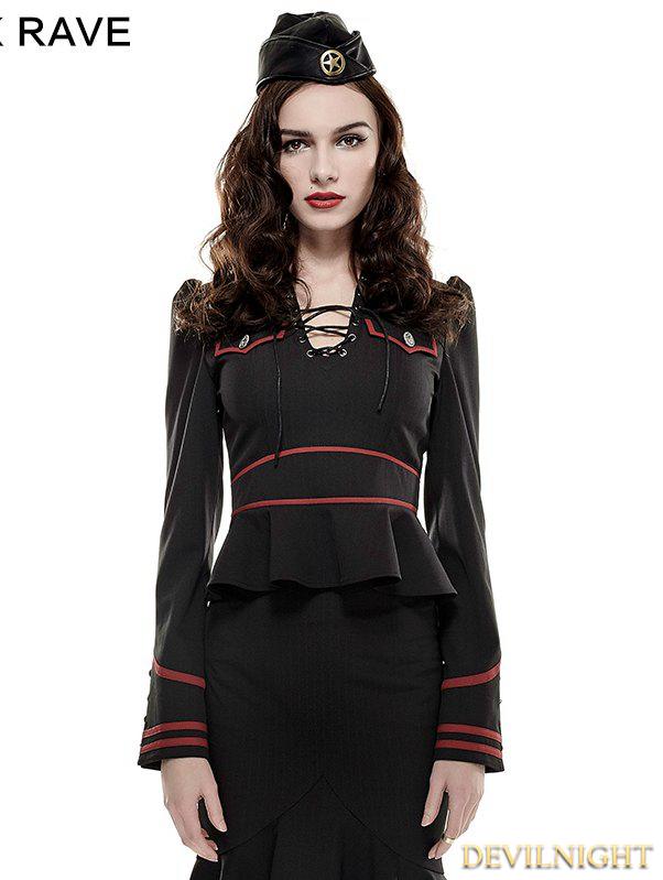 زفاف - Black and Red Gothic Stand Collar Military Uniform Shirt for Women