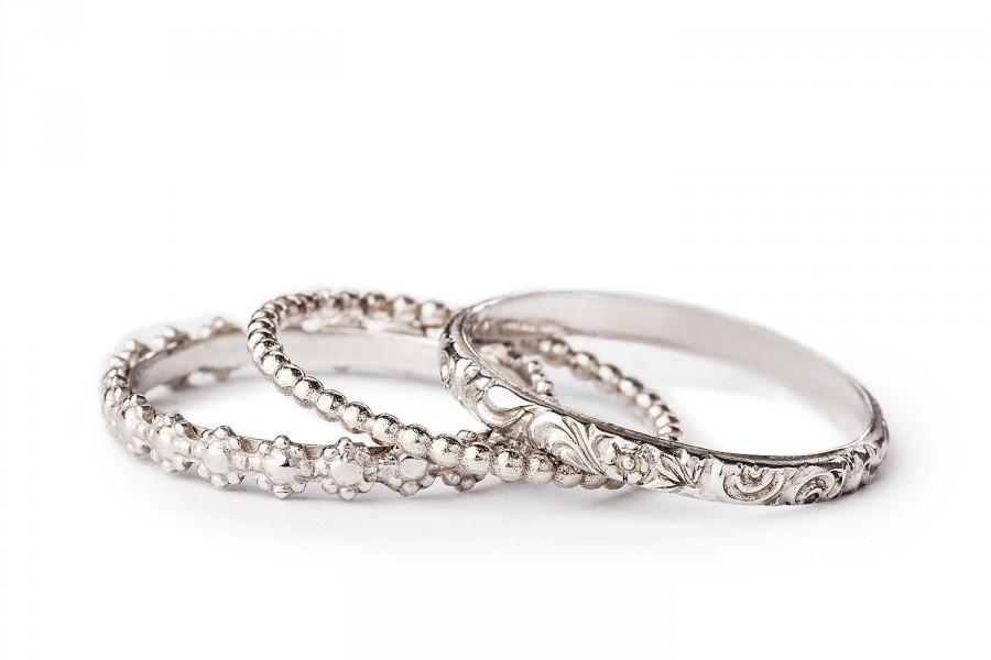 زفاف - Set of 3 Stacking Wedding Rings For Women In 14K White Gold Stackable Wedding Band Set, 3 Ring Set- Handcrafted Rings