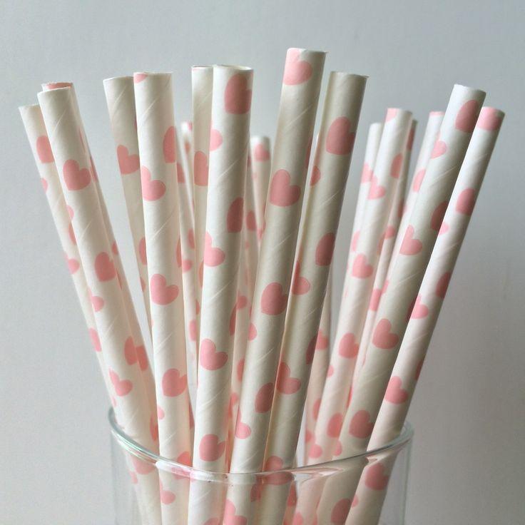 Hochzeit - 25pcs White Drinking Paper Straws With Big Pink Heart Wedding Decoration
