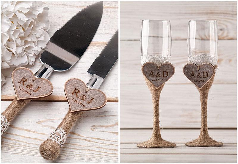 Hochzeit - Toasting Glasses Flutes Rustic Cake Serving Set Personalized Knife Set Wedding Champagne Personalized Glasses Rustic Wedding Mr and Mrs Set