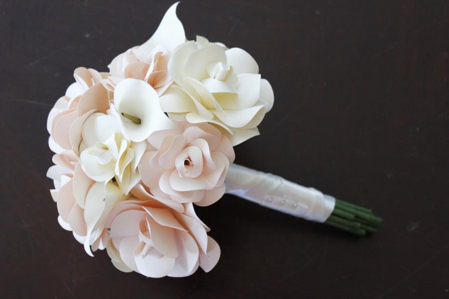 Hochzeit - Paper Bridal or Bridesmaid Bouquet - Blush, Ivory, White -Roses & Calla Lillies - 8 - 10 - 12 inch