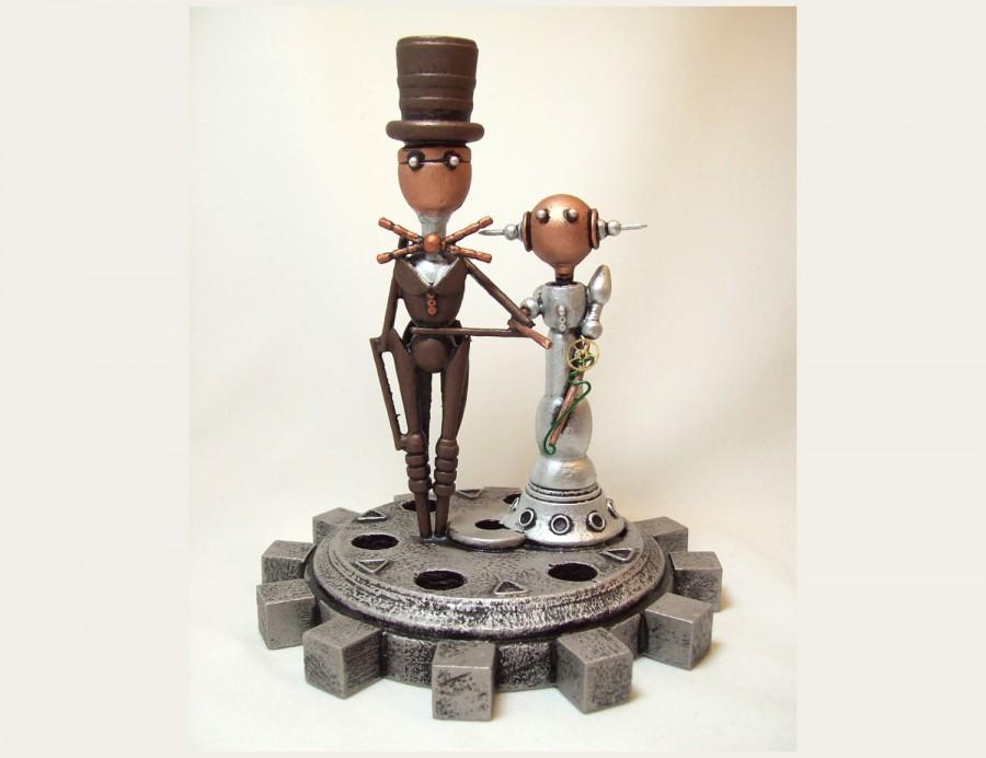 Wedding - Elegant Wedding Cake Topper Steampunk Gear Base Robot Couple Groom Bride Wood Sculpture