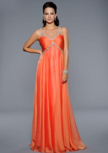 Mariage - Straps Crystals Orange Chiffon Tulle Ruched Floor Length
