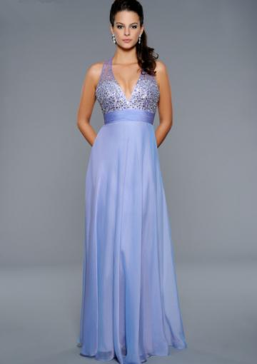 Mariage - Zipper V-neck Open Back Blue Crystals Tulle Chiffon Ruched Floor Length
