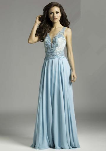 Mariage - V-back Straps Blue Appliques Beading Chiffon Tulle Floor Length