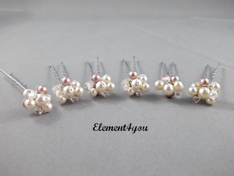Wedding - Small Hair pins, Ivory white champagne Swarovski pearls Crystals, Pearl clusters, Bridal hair piece, Bridesmaid gift, Wedding Hair accessory