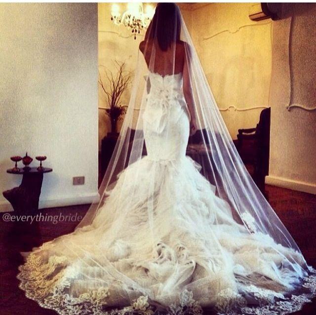 زفاف - 2014 Best White Long Cathedral Bridal Wedding Dress Veil Lace Purfle Free Comb