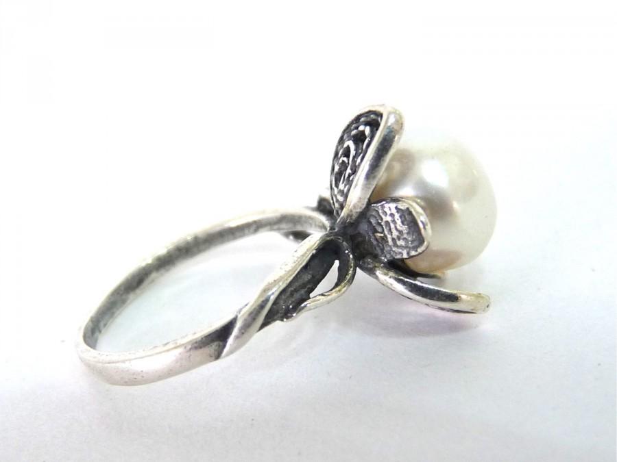 زفاف - White Freshwater Pearl Ring Sterling silver Filigree Flower Pearl Engagement Ring Size 6