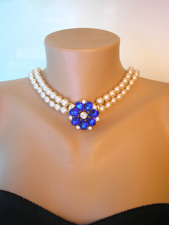 Mariage - SAPPHIRE Necklace, Long Pearl Necklace, Great Gatsby, Cream Pearls, Vintage Bridal, Montana Rhinestone, Cobalt Blue, Wedding Necklace, Deco