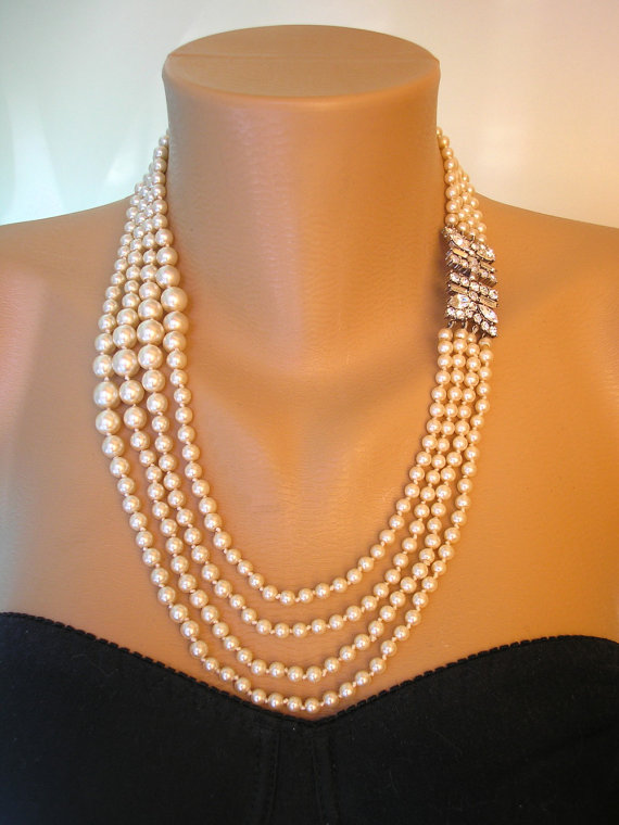 زفاف - Great Gatsby Jewelry, Art Deco, Pearl Necklace, Pearl Choker, Wedding Jewelry, Vintage Bridal, Pearl And Rhinestone Collar, 1920s, 4 Strand