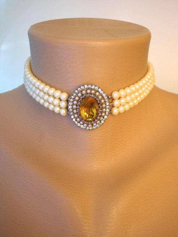 Hochzeit - Pearl Choker, Pearl Necklace, Great Gatsby Jewelry, Statement Necklace, Pearl Wedding Choker, Art Deco, Citrine, Amber, Topaz, Vintage