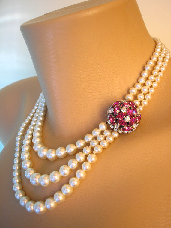 Свадьба - Ruby Choker, Pearl Choker, Pearl Necklace, Mother of the Bride, Bridal Jewelry, Pink Rhinestone, Pearl And Ruby Necklace, Fuschia Rhinestone