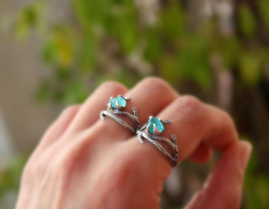 زفاف - Apatite gemstone ring,branch ring,sterling silver,handmade,rough stone,raw,uncut,made to order.