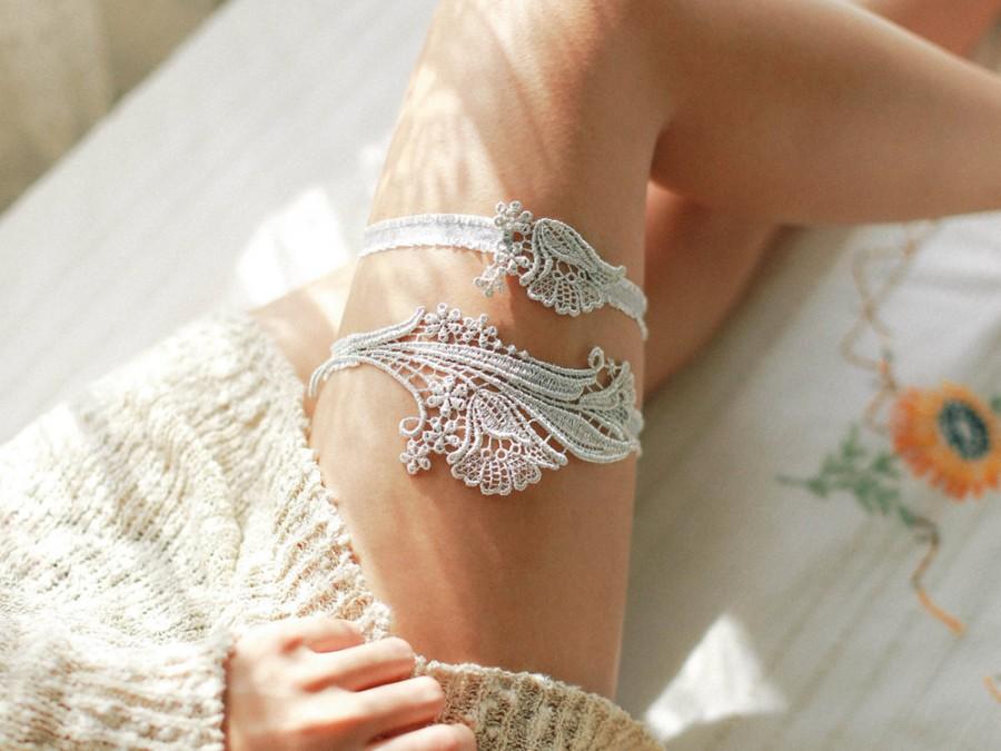 Hochzeit - Silver vintage lace garter, custom wedding garter set, bridal garter belt, wedding gift - style #501