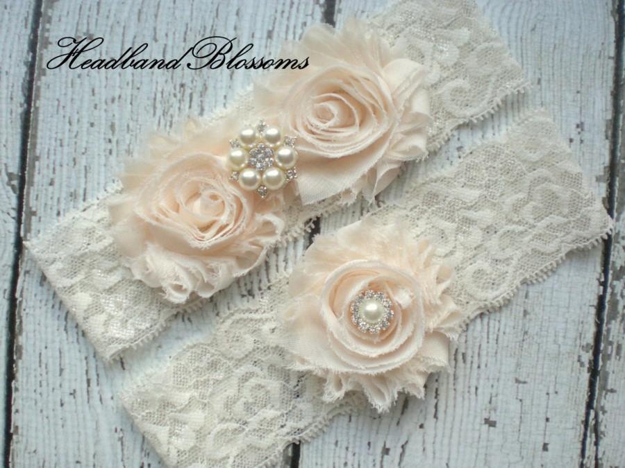 Свадьба - Beautiful CREAM Bridal Garter Set - Ivory Keepsake & Toss Wedding Garter - Chiffon Flower Rhinestone Lace Garters - Vintage Garter - Garder