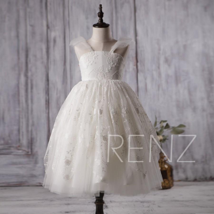 Mariage - 2016 Off White Junior Bridesmaid Dress, Lace Flower Girl Dress with Two Straps, V Back Puffy Dress, Baby Tutu Dress Floor Length (HK212)