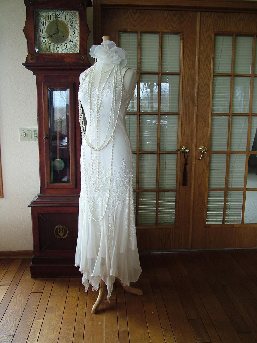 Wedding - 1920s Flapper Wedding dress scarf bottom sequin great gadsby vintage style bridal gown