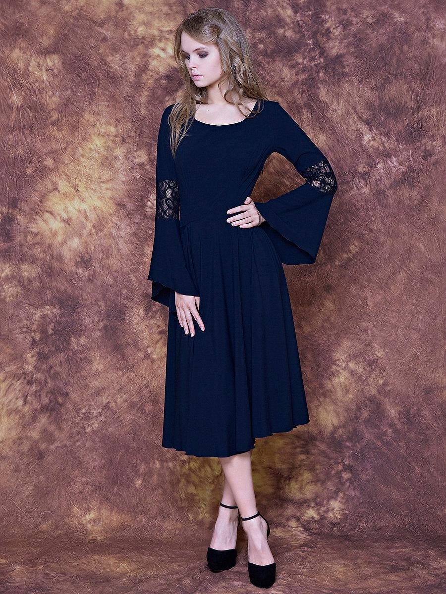 Hochzeit - Tea lenght navy dress with bell sleeves and lace/ Navy bridesmaid dress/ Bell sleeve dress/ Navy birthday dress/ Navy dress/ Party dress