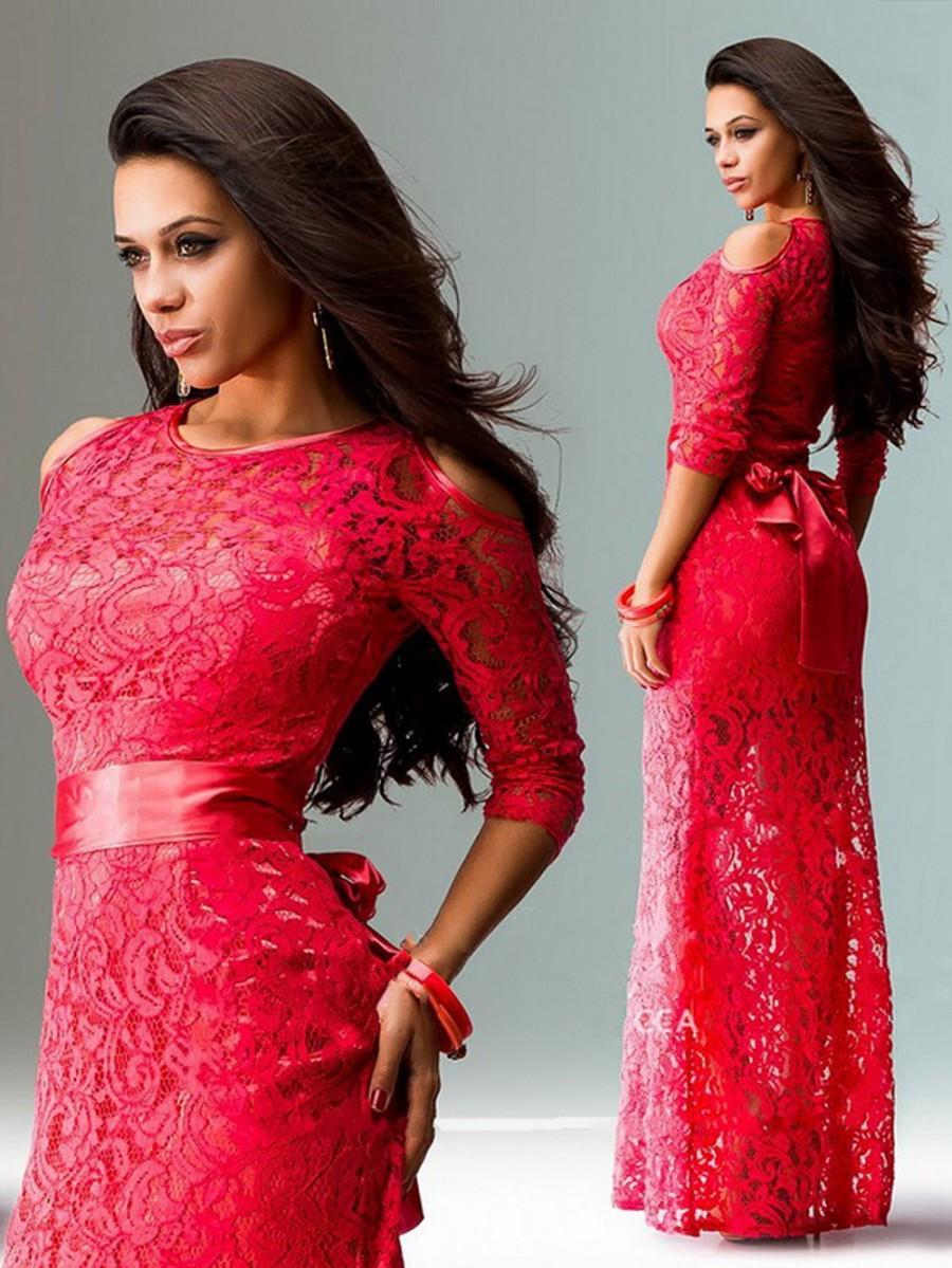Mariage - Evening coral pink long dress, Lace dress for wedding events, Bridesmaid dress floor length.