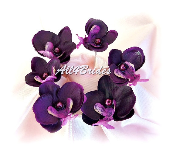 Свадьба - Purple orchid flower hair pin, bridal wedding day hair accessories, set of six hair pins