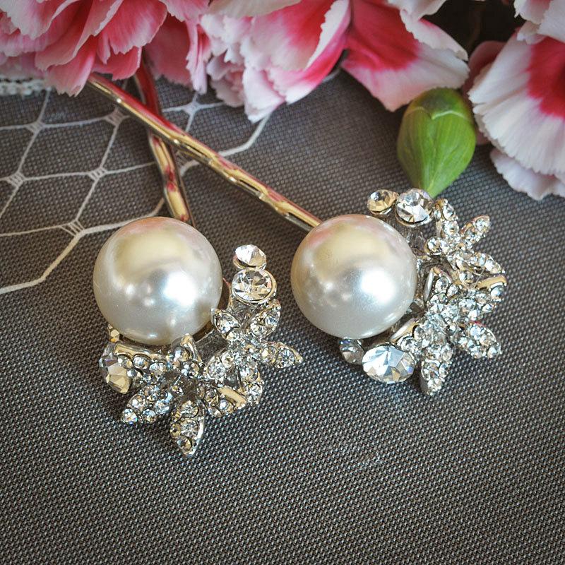 Hochzeit - ZARITA, Flower Rhinestone Wedding Hair Pins, Crystal Cluster Bridal Hairpins, White / Ivory Pearl Bridal Hair Accessories, Vintage Inspired