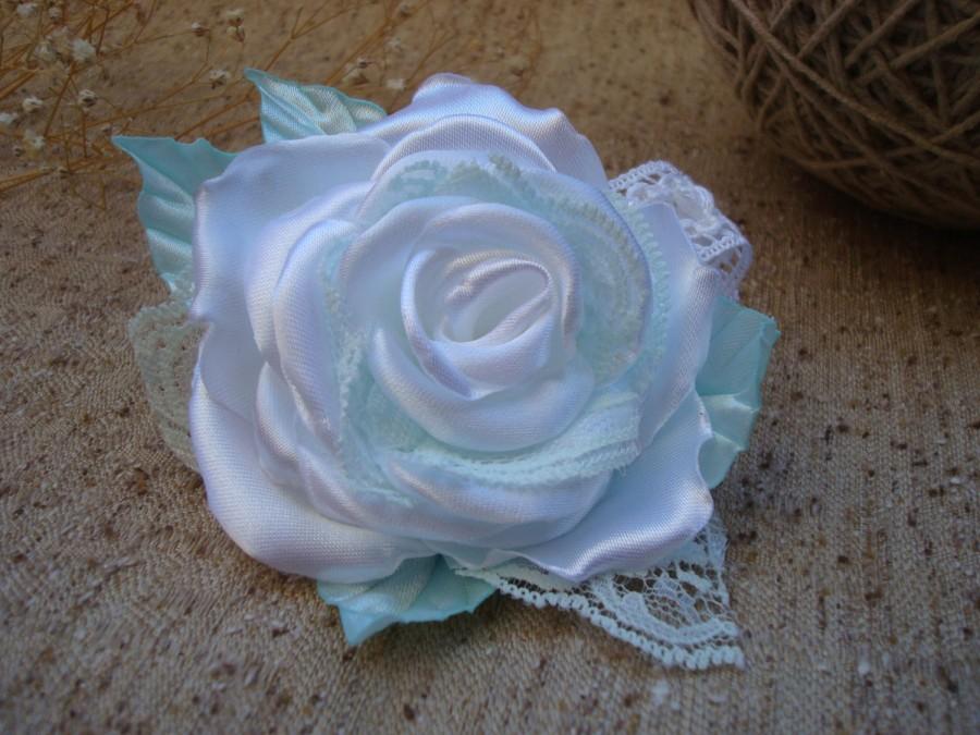 Mariage - White Rose wedding satin flower accessory for hair,bridal hair accessory,bridal fascinator, prom and festive accessory,girl Hair Flower