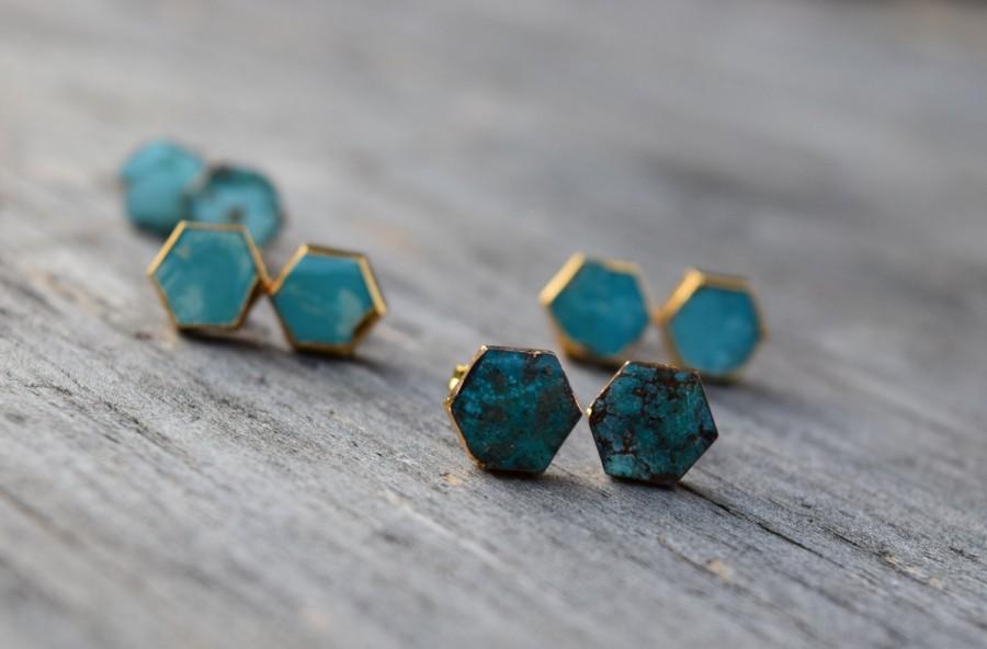 Wedding - Natural Turquoise Stud Earrings, Hexagon Raw Turquoise Earrings, Boho Chic, Gold Plated Bezel Natural Stone Stud Earrings, Blue Bridesmaid