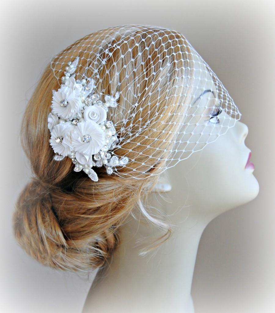 Hochzeit - Bird Cage Veil and Lace Fascinator in Ivory, White or Champagne, Bridal Fascinator and Bandeau Veil with Rhinestones, Pearls - ODETTE