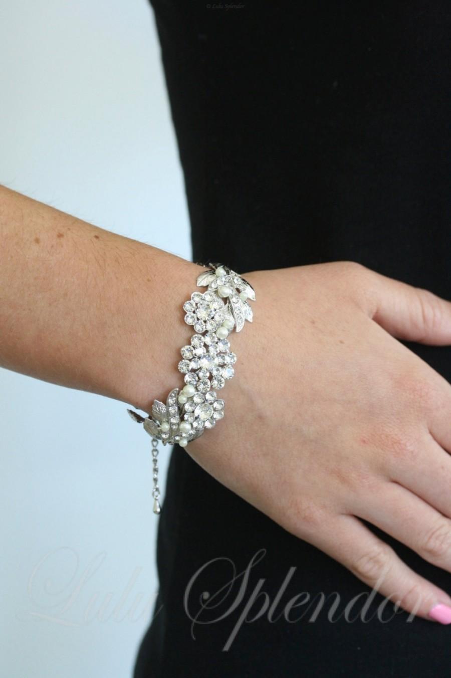 Свадьба - Wedding Cuff Bracelet Swarovski Crystal Vintage Leaf Bracelet Leaves Jewelry Bridal MIER CRYSTAL