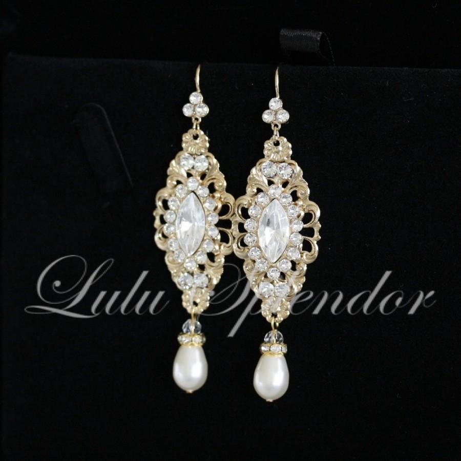 Hochzeit - Gold Wedding Earrings, Rhinestone Bridal earrings Filigree Earrings Vintage Wedding Jewelry BELLA