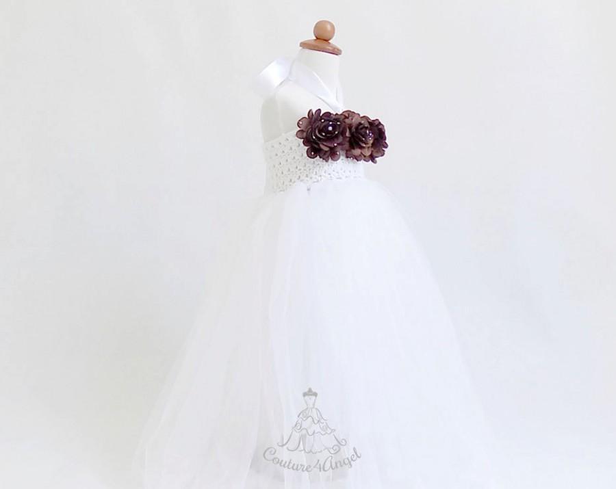 Свадьба - WHITE tutu dress , flower girl dress , brown flower princess party dress , hand crochet top tulle dress , tutu dress children wedding dress