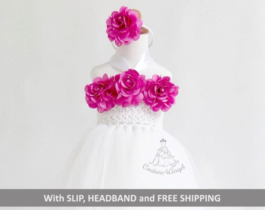 Mariage - White and pink flower girl dress size 2T 3T 4T 5T 5 6 7 8 9 10, tutu dress , princess dress , crochet top tulle dress , free Slip & Headband