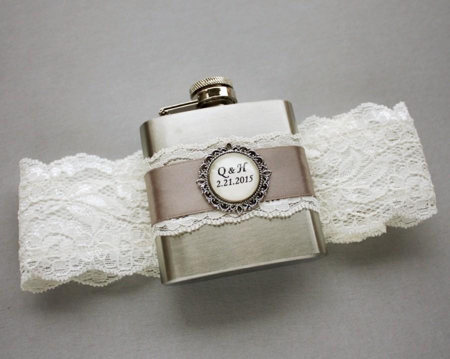 Hochzeit - FLASK GARTER, Ivory & Gray Wedding Bridal Garter with Flask, Personalized Flask with Lace Bridal Garter, Ivory Wedding Garter, Bridal Garter