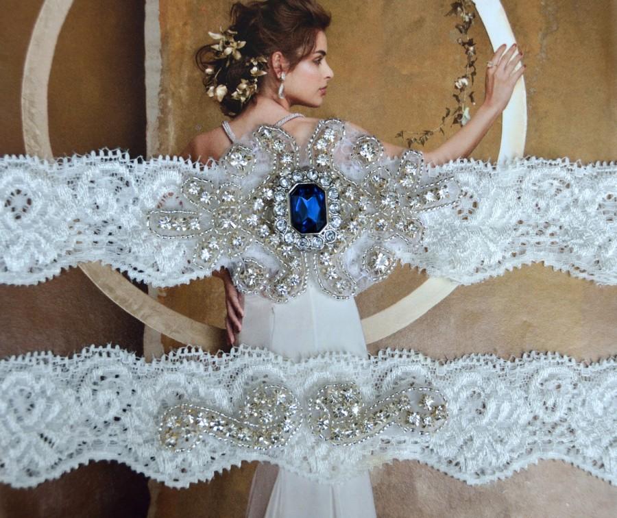 Wedding - Wedding Garter Set, Bridal Garter Set, Stretch Lace Garter, Crystal Bridal Garter, Agatha Style 10528
