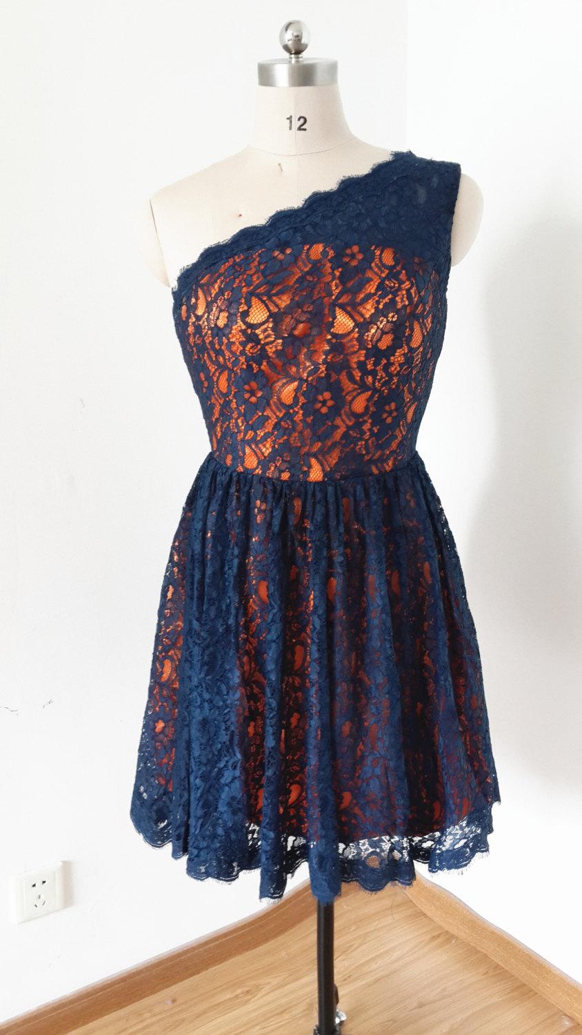 Hochzeit - 2015 One-shoulder Navy Blue Lace Orange Lining Short Bridesmaid Dress