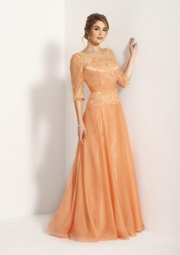 Mariage - Scoop V-back Zipper Chiffon Tulle Appliques 3/4 Length Sleeves Floor Length Ruched Orange