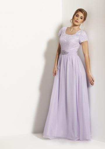 Mariage - Scoop Short Sleeves Zipper Ruched Chiffon Floor Length