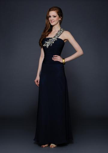 Mariage - Sleeveless One Shoulder Crystals Zipper Chiffon Ruched Floor Length