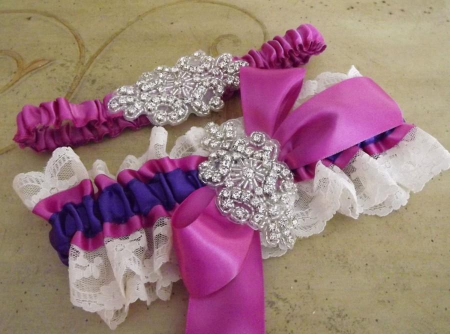 Wedding - Purple and Ivory Lace Garter Set - Crystal Garter -ORCHID Wedding GARTER Set  - Couture Garter