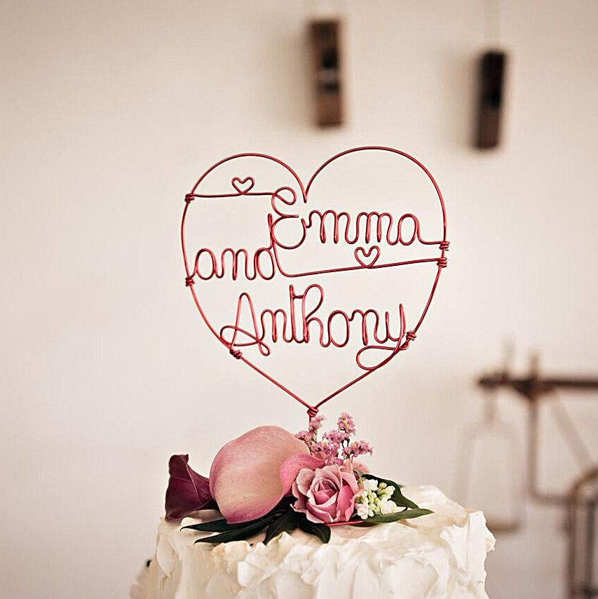 Wedding - Personalized Wedding cake topper, heart with names, anniversary cake topper, custom wire cake topper