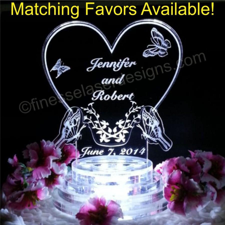 Mariage - Butterfly Heart Shaped Lighted Wedding Cake Topper Acrylic Top Custom Engraved